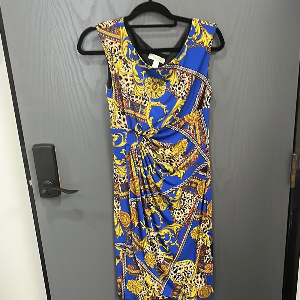 Dress Barn Blue and Gold One Shoulder Sheath Dress